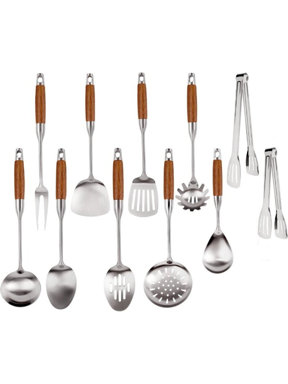 304 Stainless Steel Kitchen Utensils Set with Wooden Handle, 11 Pcs Long Heat